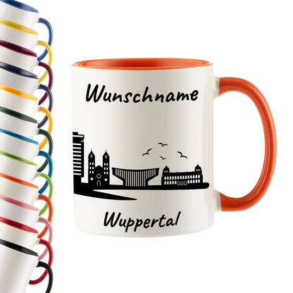 Tasse in Orange 330ml bedruckt mit der Skyline von Wuppertal personalisierbar mit Wunschname