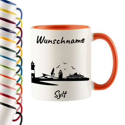 Tasse in Orange 330ml bedruckt mit der Skyline von Sylt personalisierbar mit Wunschname