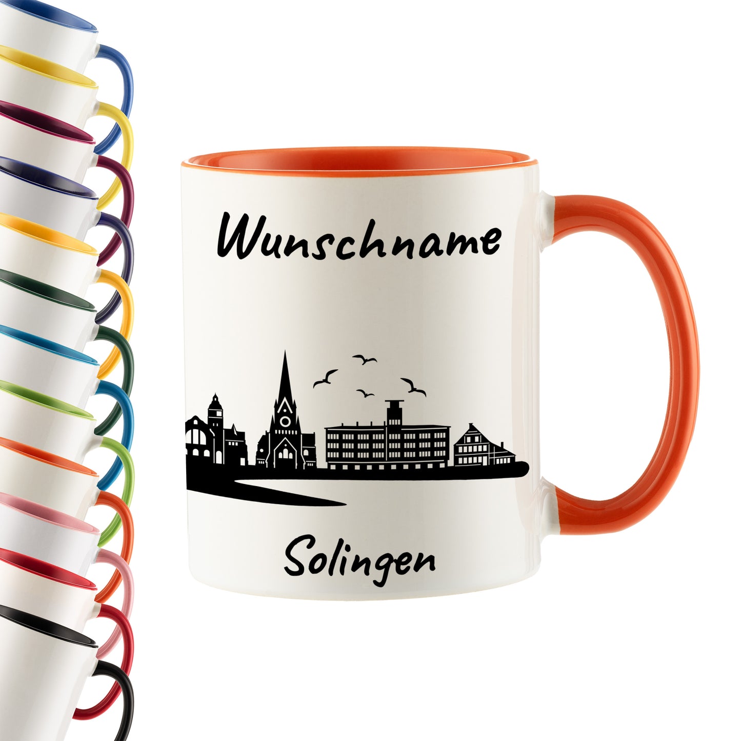 Tasse in Orange 330ml bedruckt mit der Skyline von Solingen personalisierbar mit Wunschname