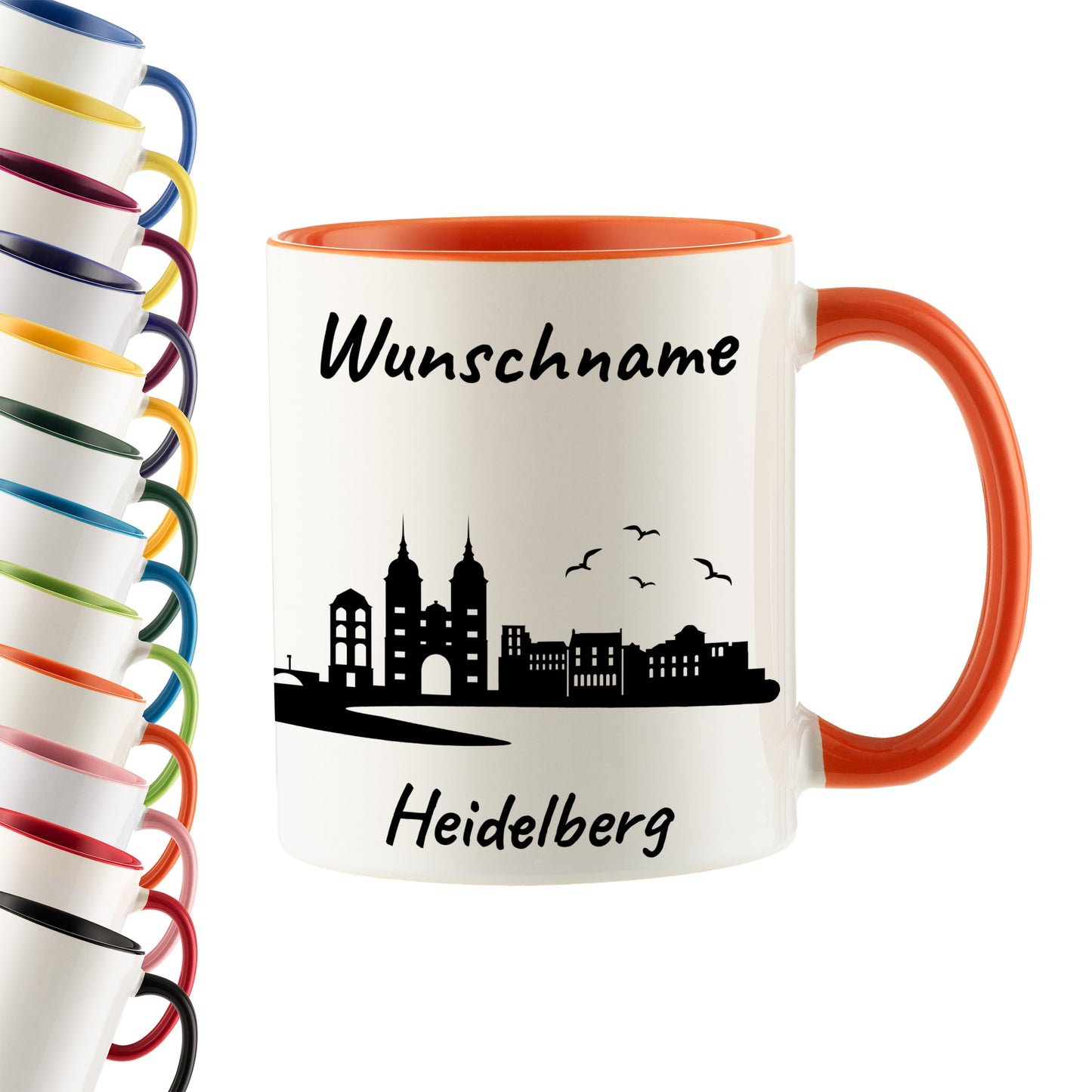 Tasse in Orange 330ml bedruckt mit der Skyline von Heidelberg personalisierbar mit Wunschname