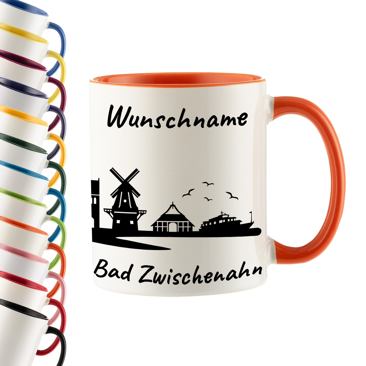 Tasse in Orange 330ml bedruckt mit der Skyline von Bad Zwischenahn personalisierbar mit Wunschname