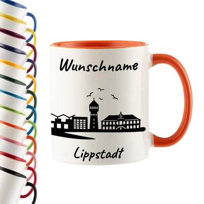 Tasse in Orange 330ml bedruckt mit der Skyline von Lippstadt personalisierbar mit Wunschname
