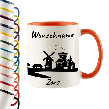 Tasse in Orange 330ml bedruckt mit der Skyline von Zons (Dormagen) personalisierbar mit Wunschname