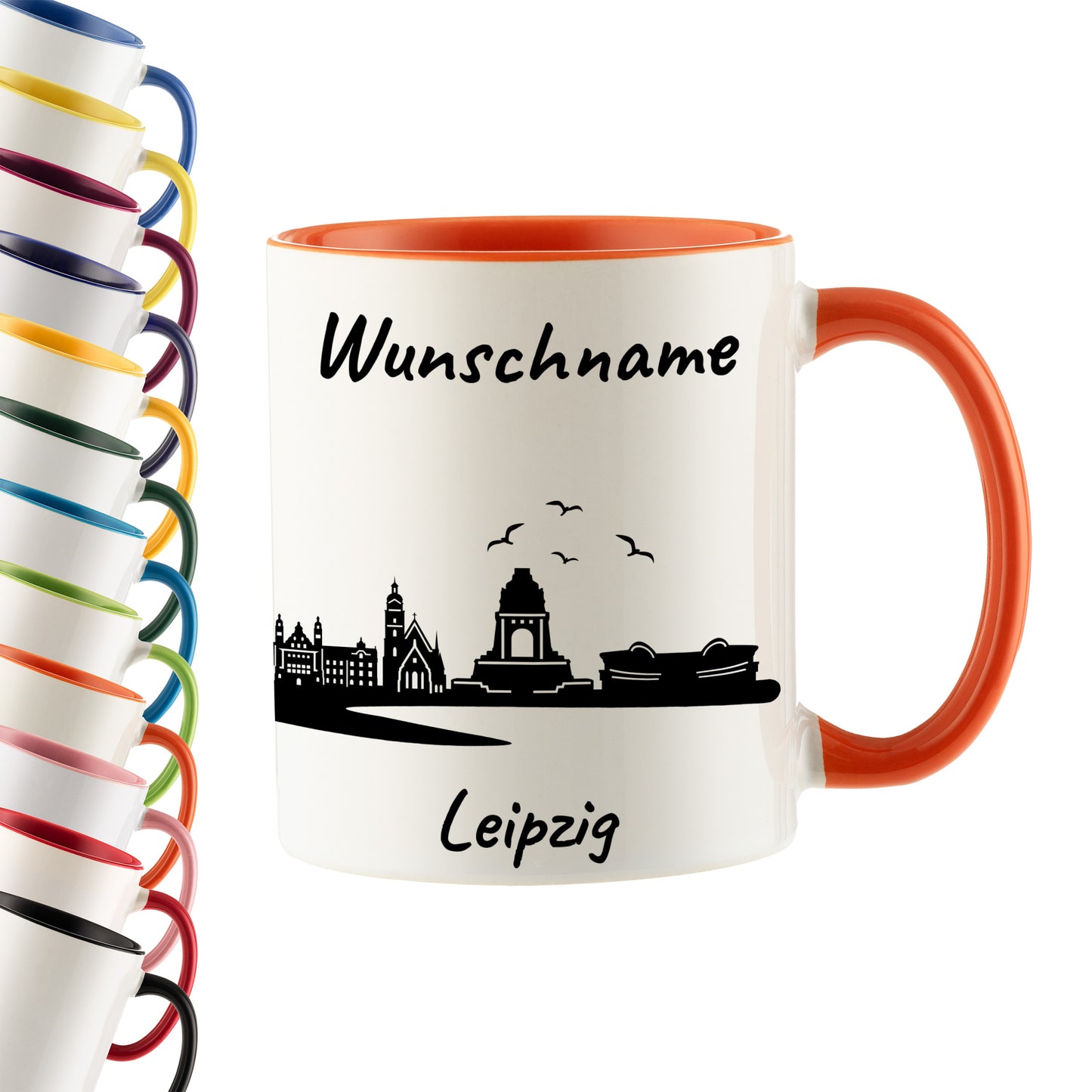 Tasse in Orange 330ml bedruckt mit der Skyline von Leipzig personalisierbar mit Wunschname