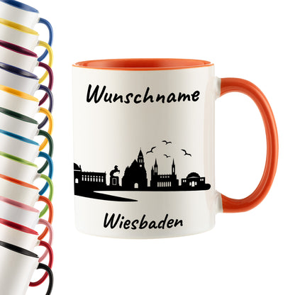 Tasse in Orange 330ml bedruckt mit der Skyline von Wiesbaden personalisierbar mit Wunschname