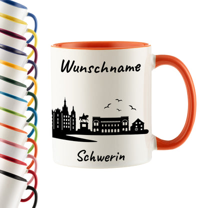 Tasse in Orange 330ml bedruckt mit der Skyline von Schwerin personalisierbar mit Wunschname