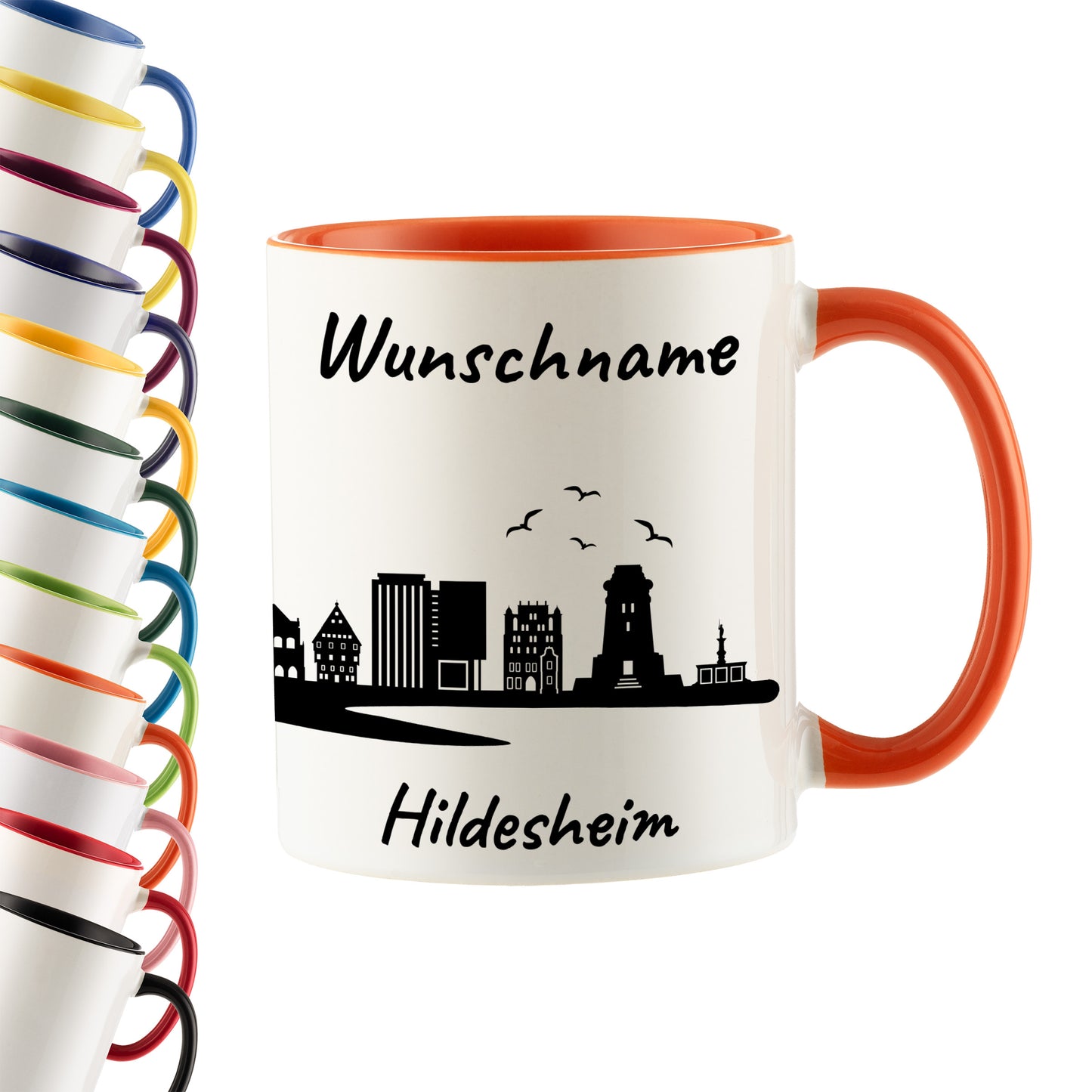 Tasse in Orange 330ml bedruckt mit der Skyline von Hildesheim personalisierbar mit Wunschname