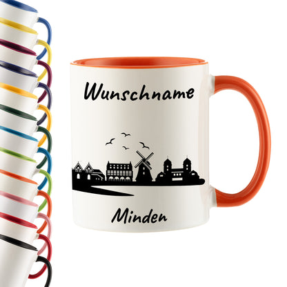 Tasse in Orange 330ml bedruckt mit der Skyline von Minden personalisierbar mit Wunschname