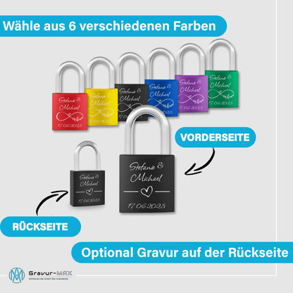 Liebesschloss in Schwarz mit Gravur "Herzranke" personalisiert mit Wunschnamen in 6 ver. Farben