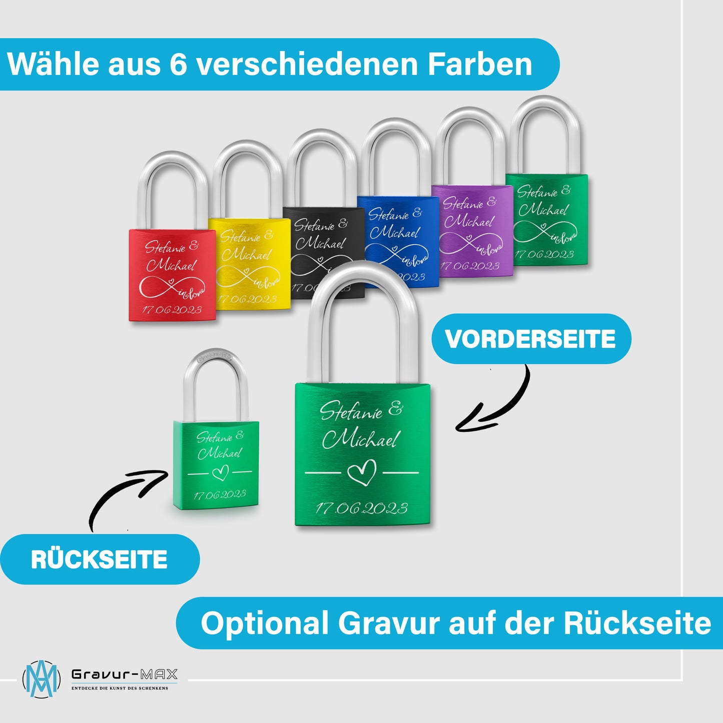 Liebesschloss in Grün mit Gravur "Herzranke" personalisiert mit Wunschnamen in 6 ver. Farben