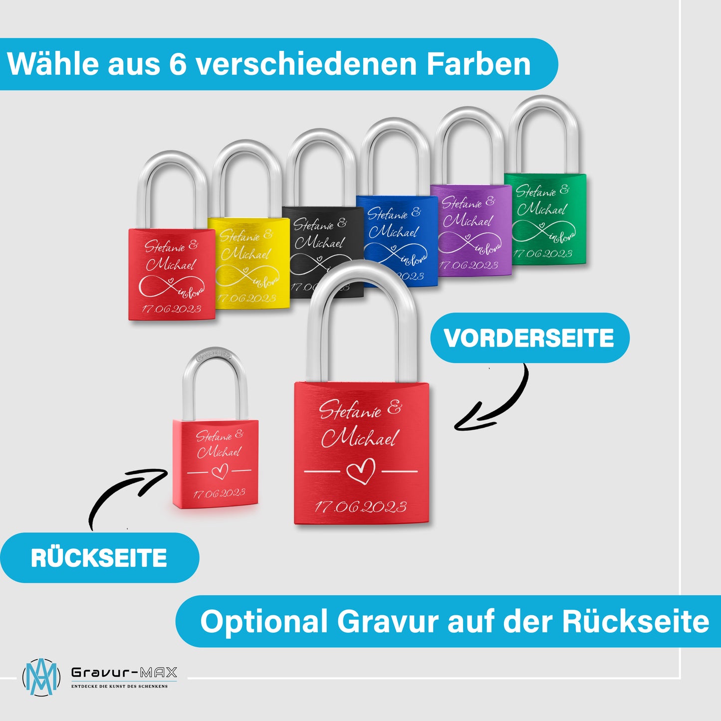 Liebesschloss in Rot mit Gravur "Doppelherz" personalisiert mit Wunschnamen in 6 ver. Farben