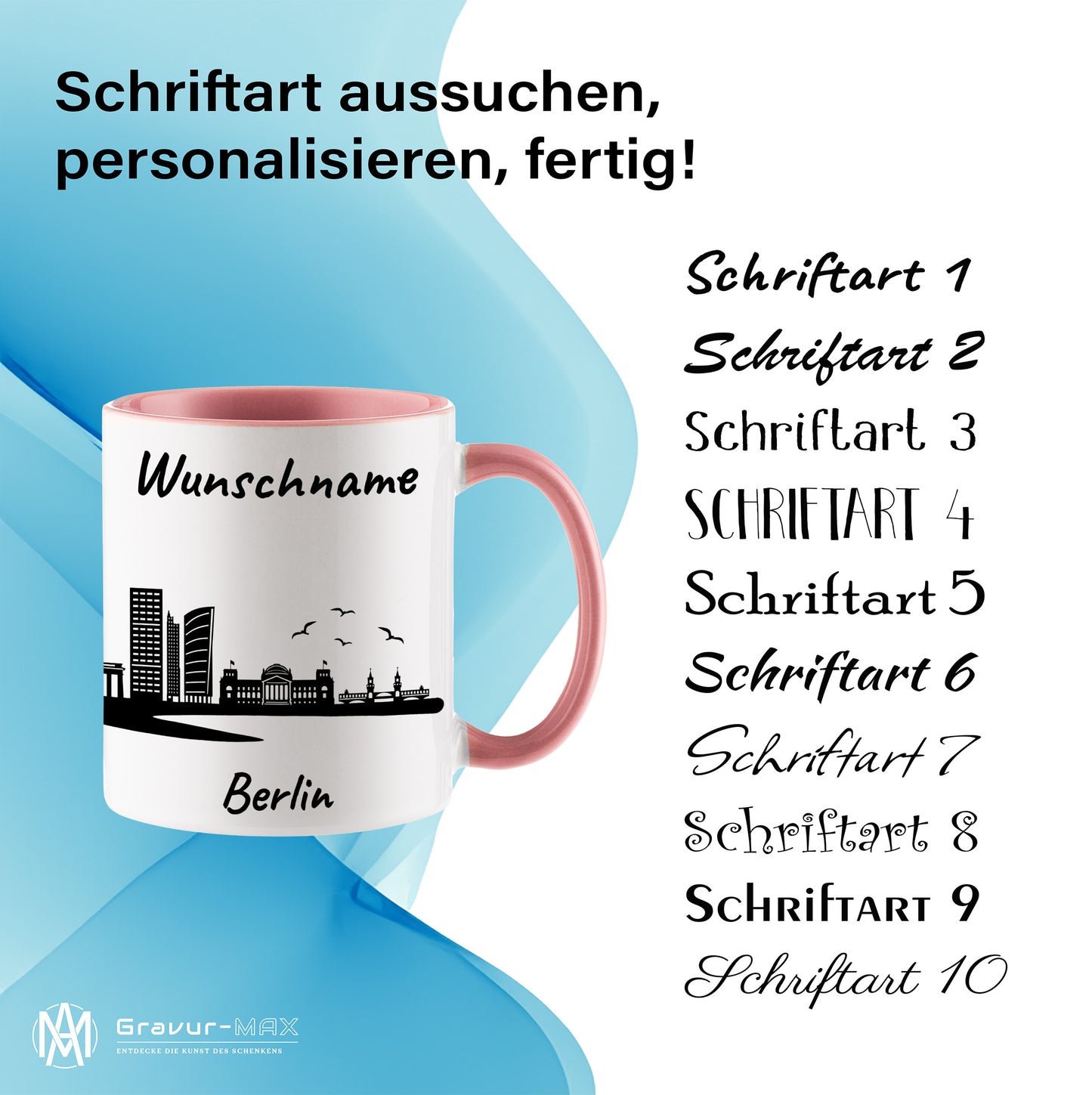 Tasse in Rosa 330ml bedruckt mit der Skyline von Berlin personalisierbar mit Wunschname