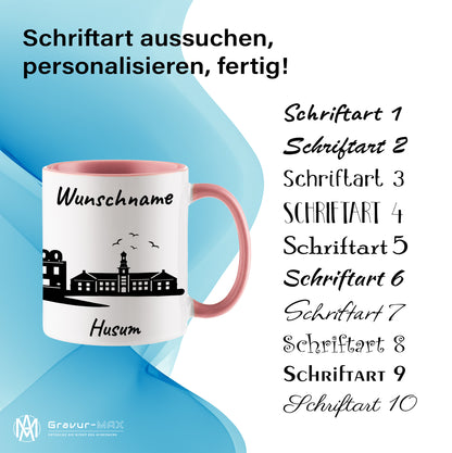 Tasse in Rosa 330ml bedruckt mit der Skyline von Husum personalisierbar mit Wunschname
