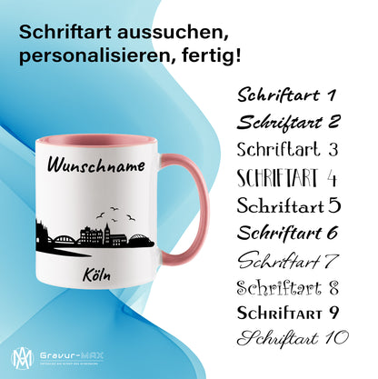 Tasse in Rosa 330ml bedruckt mit der Skyline von Köln personalisierbar mit Wunschname