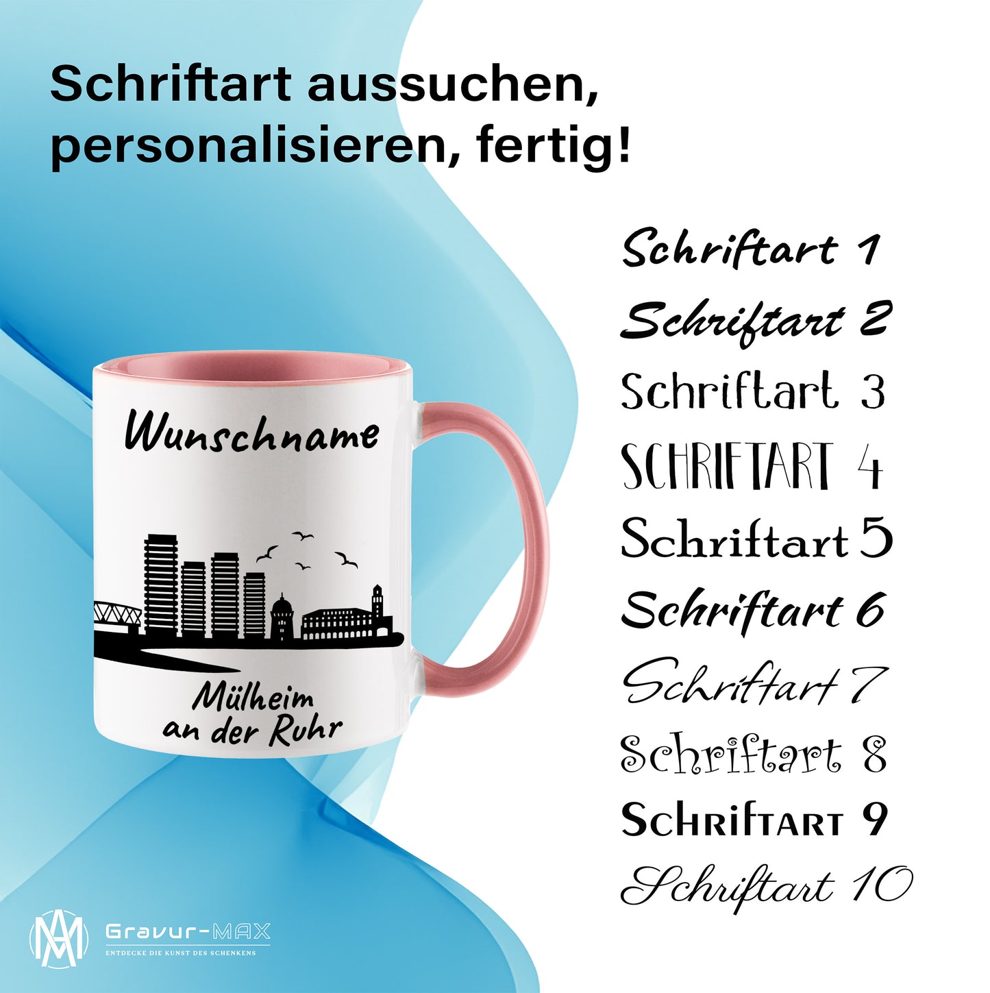 Tasse in Rosa 330ml bedruckt mit der Skyline von Mülheim an der Ruhr personalisierbar mit Wunschname