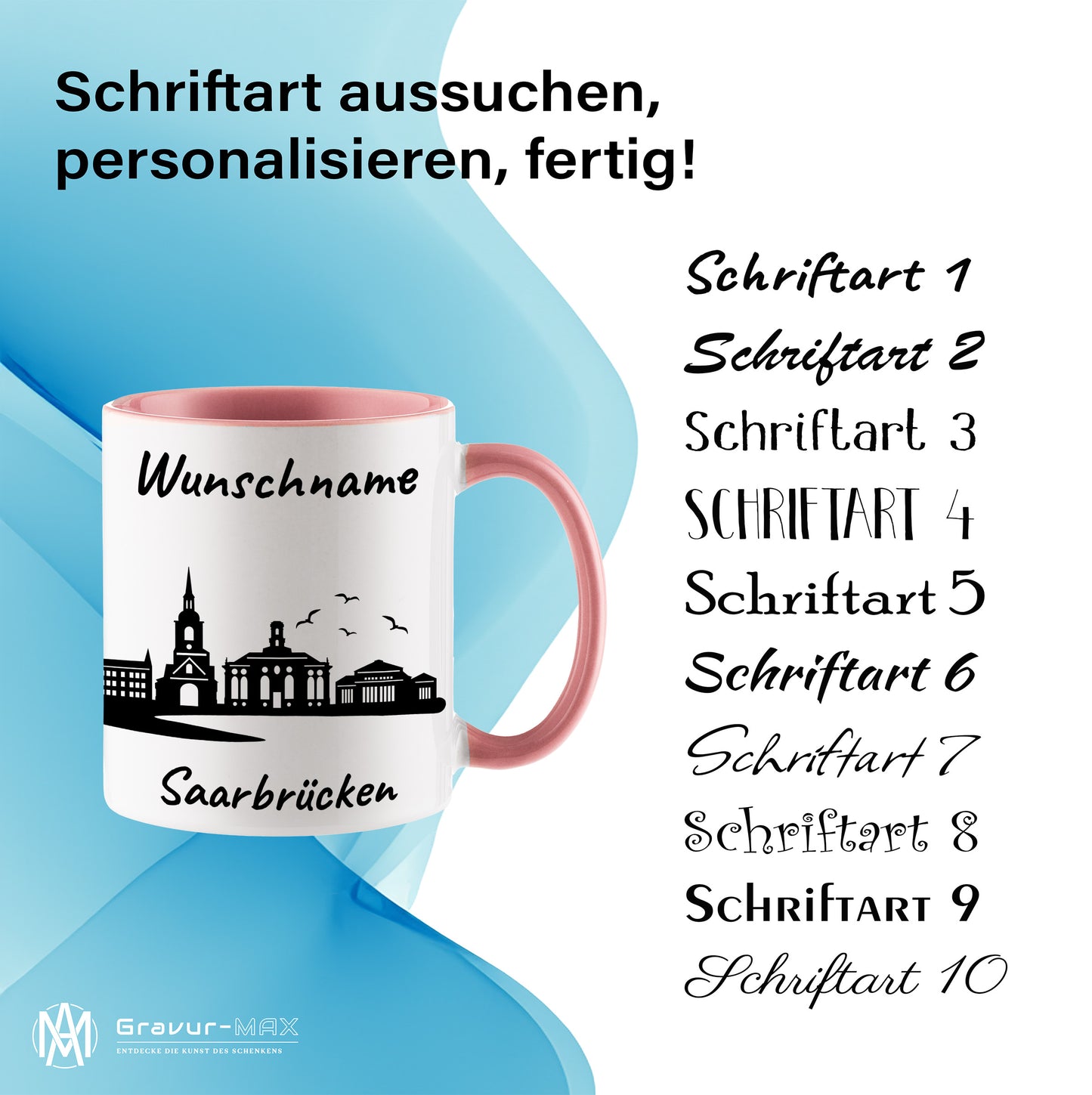 Tasse in Rosa 330ml bedruckt mit der Skyline von Saarbrücken personalisierbar mit Wunschname