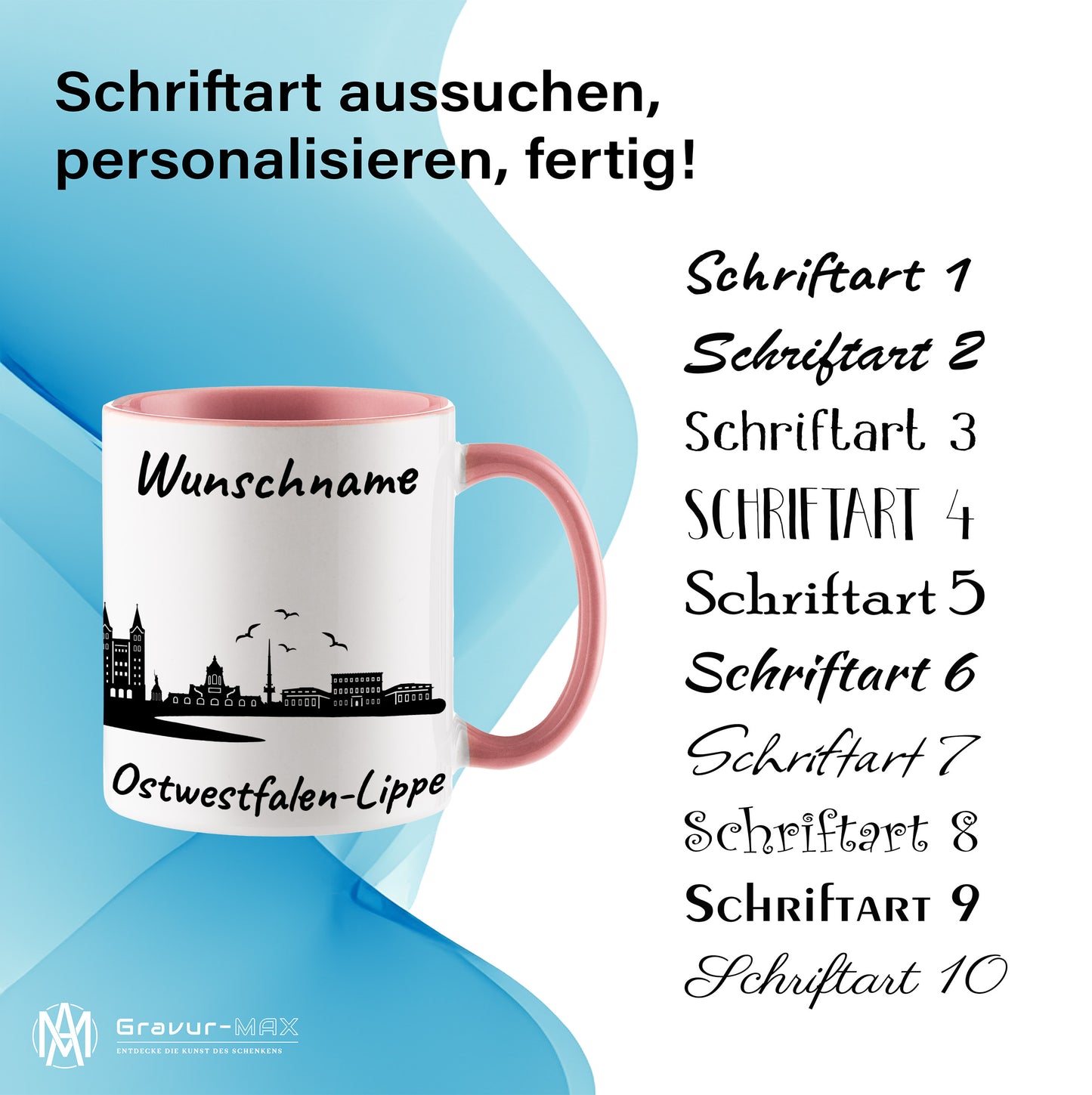 Tasse in Rosa 330ml bedruckt mit der Skyline von Ostwestfalen-Lippe personalisierbar mit Wunschname