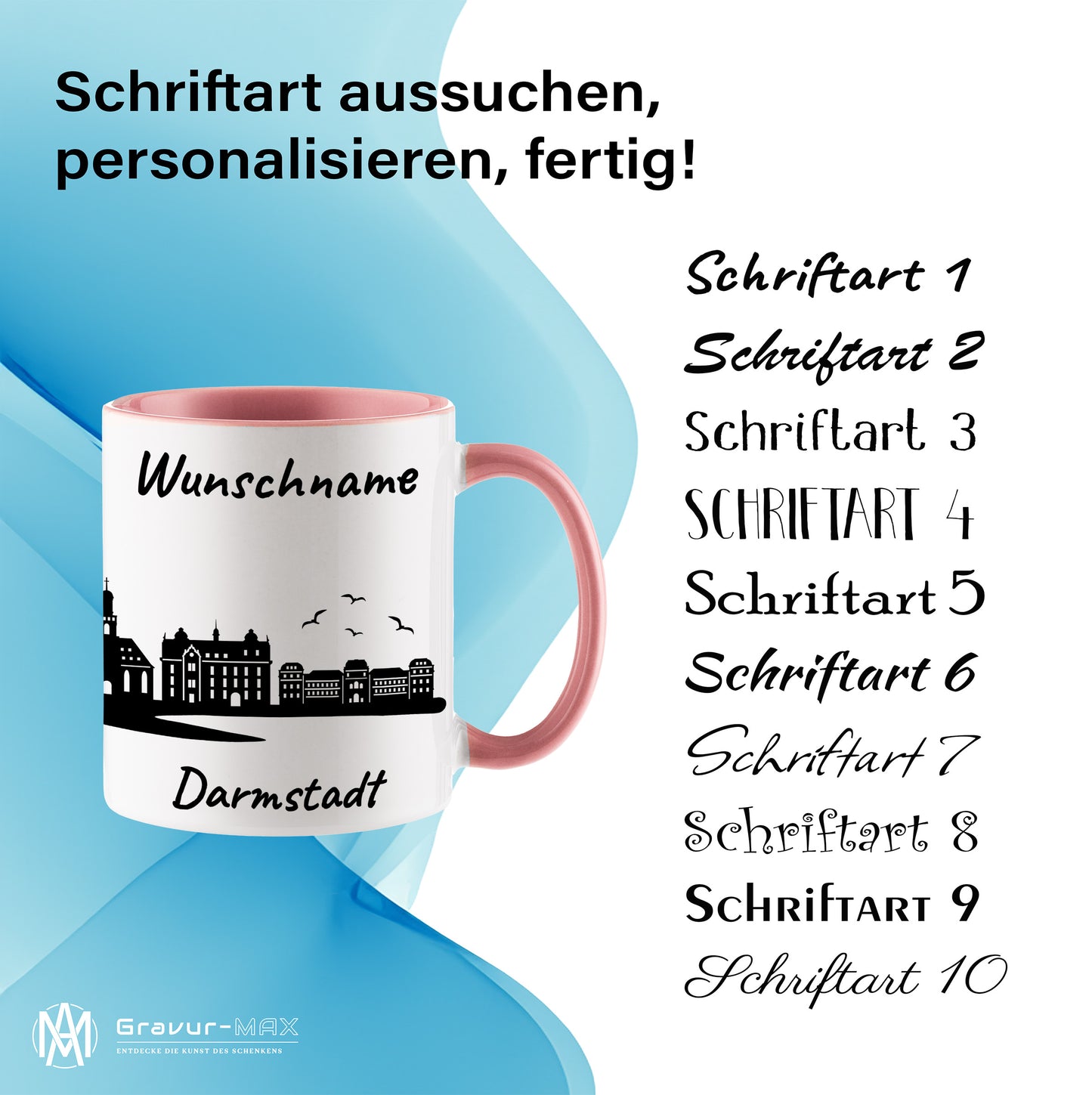 Tasse in Rosa 330ml bedruckt mit der Skyline von Darmstadt personalisierbar mit Wunschname