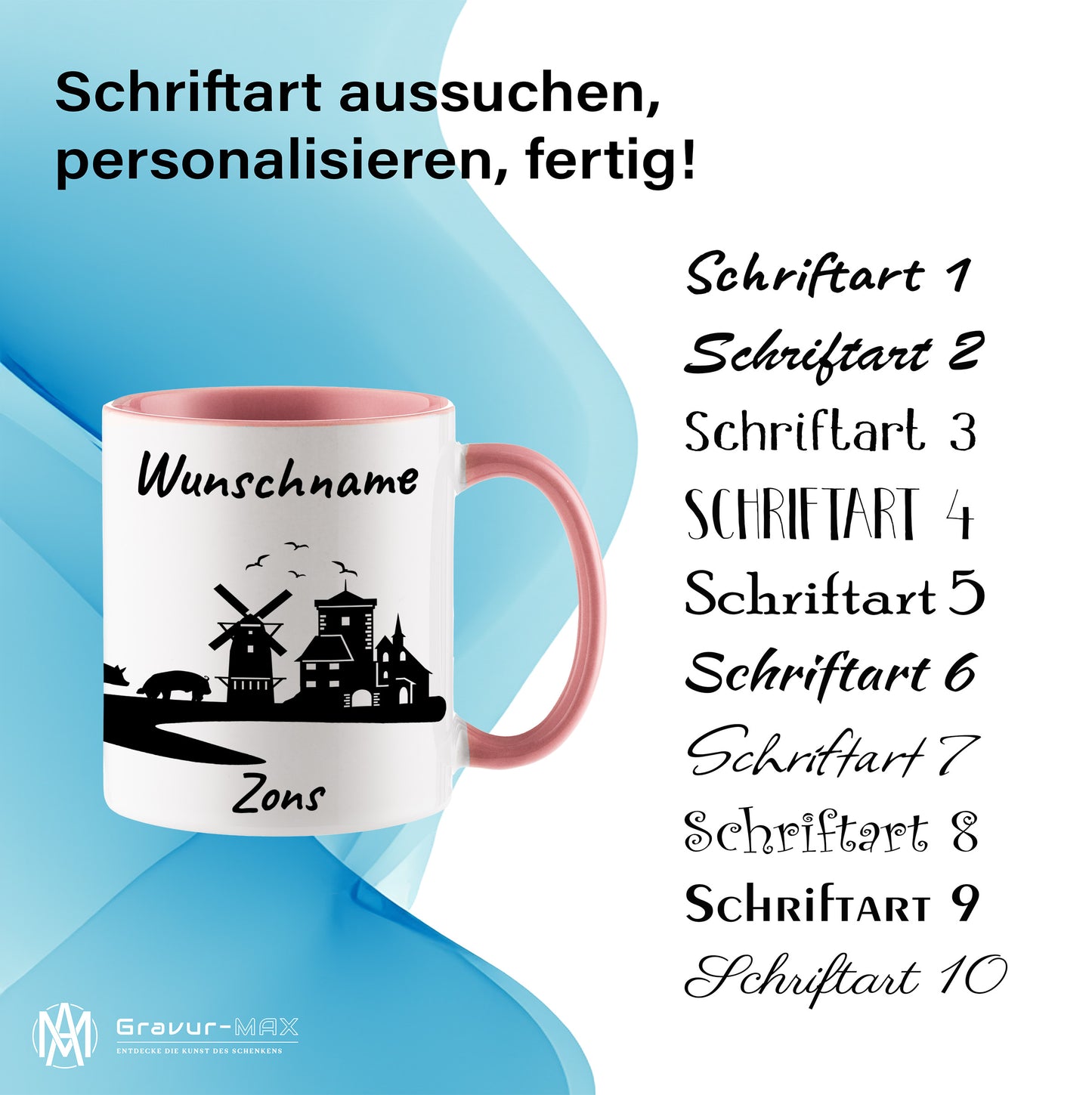 Tasse in Rosa 330ml bedruckt mit der Skyline von Zons (Dormagen) personalisierbar mit Wunschname