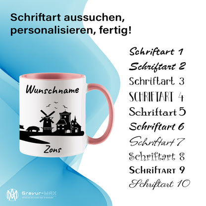 Tasse in Rosa 330ml bedruckt mit der Skyline von Zons (Dormagen) personalisierbar mit Wunschname