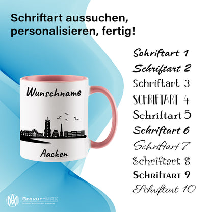 Tasse in Rosa 330ml bedruckt mit der Skyline von Aachen personalisierbar mit Wunschname