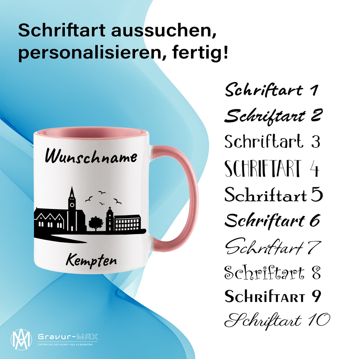 Tasse in Rosa 330ml bedruckt mit der Skyline von Kempten personalisierbar mit Wunschname
