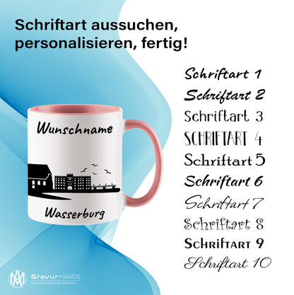 Tasse in Rosa 330ml bedruckt mit der Skyline von Wasserburg personalisierbar mit Wunschname