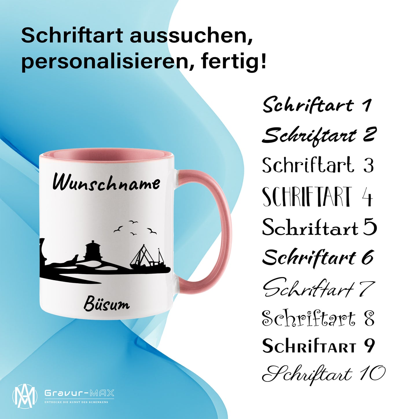 Tasse in Rosa 330ml bedruckt mit der Skyline von Büsum personalisierbar mit Wunschname