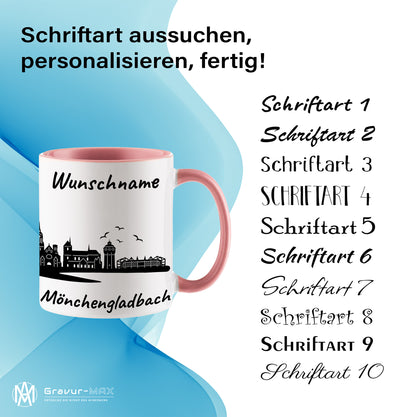 Tasse in Rosa 330ml bedruckt mit der Skyline von Mönchengladbach personalisierbar mit Wunschname