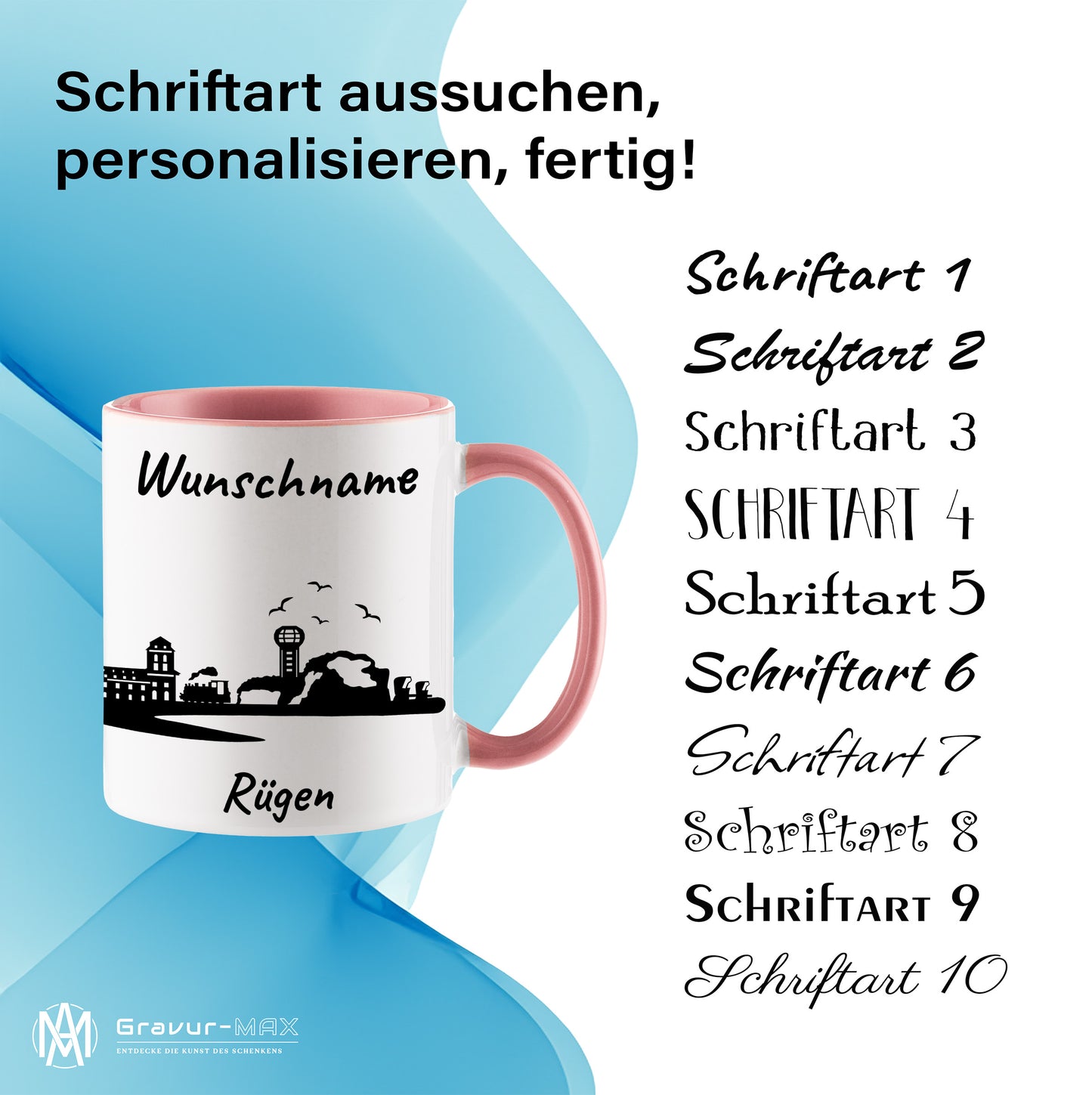 Tasse in Rosa 330ml bedruckt mit der Skyline von Rügen personalisierbar mit Wunschname
