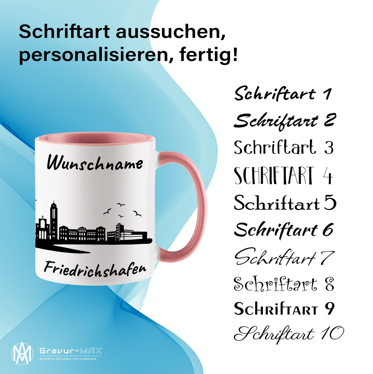 Tasse in Rosa 330ml bedruckt mit der Skyline von Friedrichshafen personalisierbar mit Wunschname
