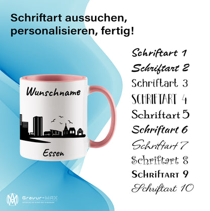 Tasse in Rosa 330ml bedruckt mit der Skyline von Essen personalisierbar mit Wunschname