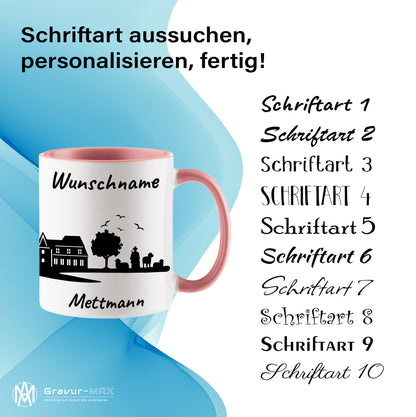Tasse in Rosa 330ml bedruckt mit der Skyline von Mettmann personalisierbar mit Wunschname