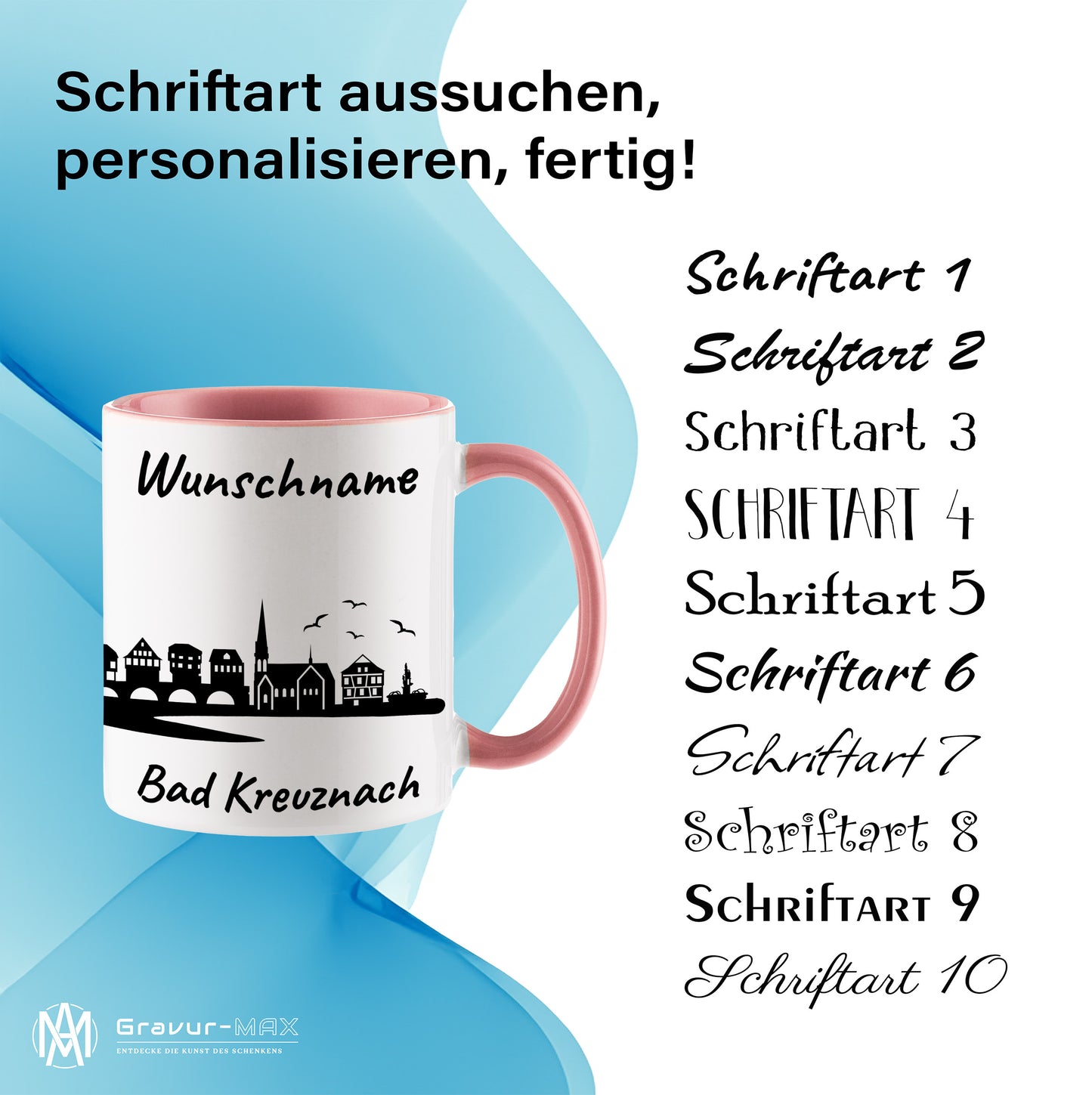 Tasse in Rosa 330ml bedruckt mit der Skyline von Bad Kreuznach personalisierbar mit Wunschname