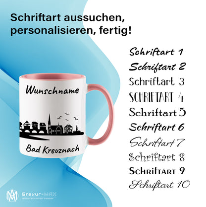 Tasse in Rosa 330ml bedruckt mit der Skyline von Bad Kreuznach personalisierbar mit Wunschname