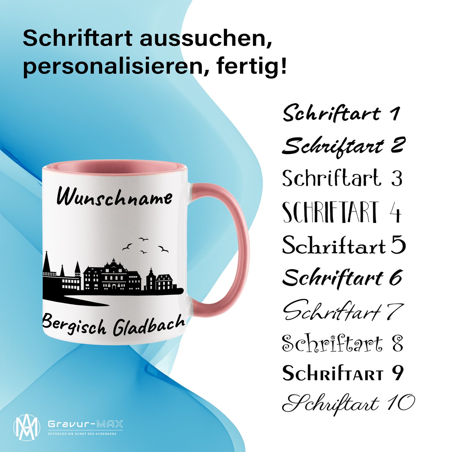 Tasse in Rosa 330ml bedruckt mit der Skyline von Bergisch Gladbach personalisierbar mit Wunschname