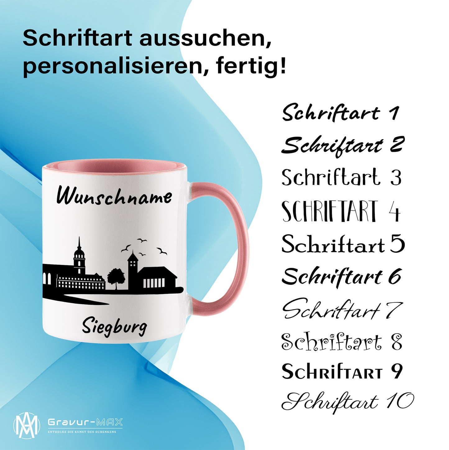 Tasse in Rosa 330ml bedruckt mit der Skyline von Siegburg personalisierbar mit Wunschname