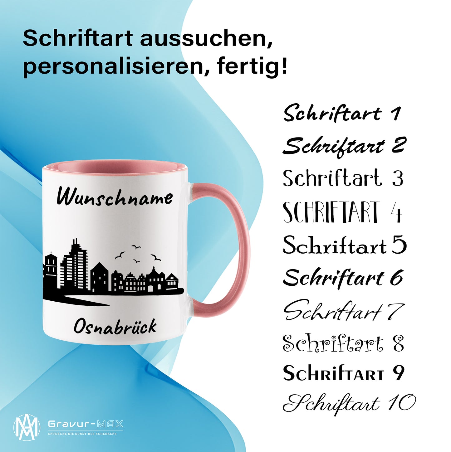 Tasse in Rosa 330ml bedruckt mit der Skyline von Osnabrück personalisierbar mit Wunschname