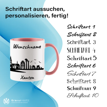 Tasse in Rosa 330ml bedruckt mit der Skyline von Xanten personalisierbar mit Wunschname