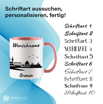 Tasse in Rosa 330ml bedruckt mit der Skyline von Bremen personalisierbar mit Wunschname