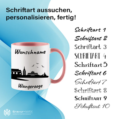 Tasse in Rosa 330ml bedruckt mit der Skyline von Wangerooge personalisierbar mit Wunschname