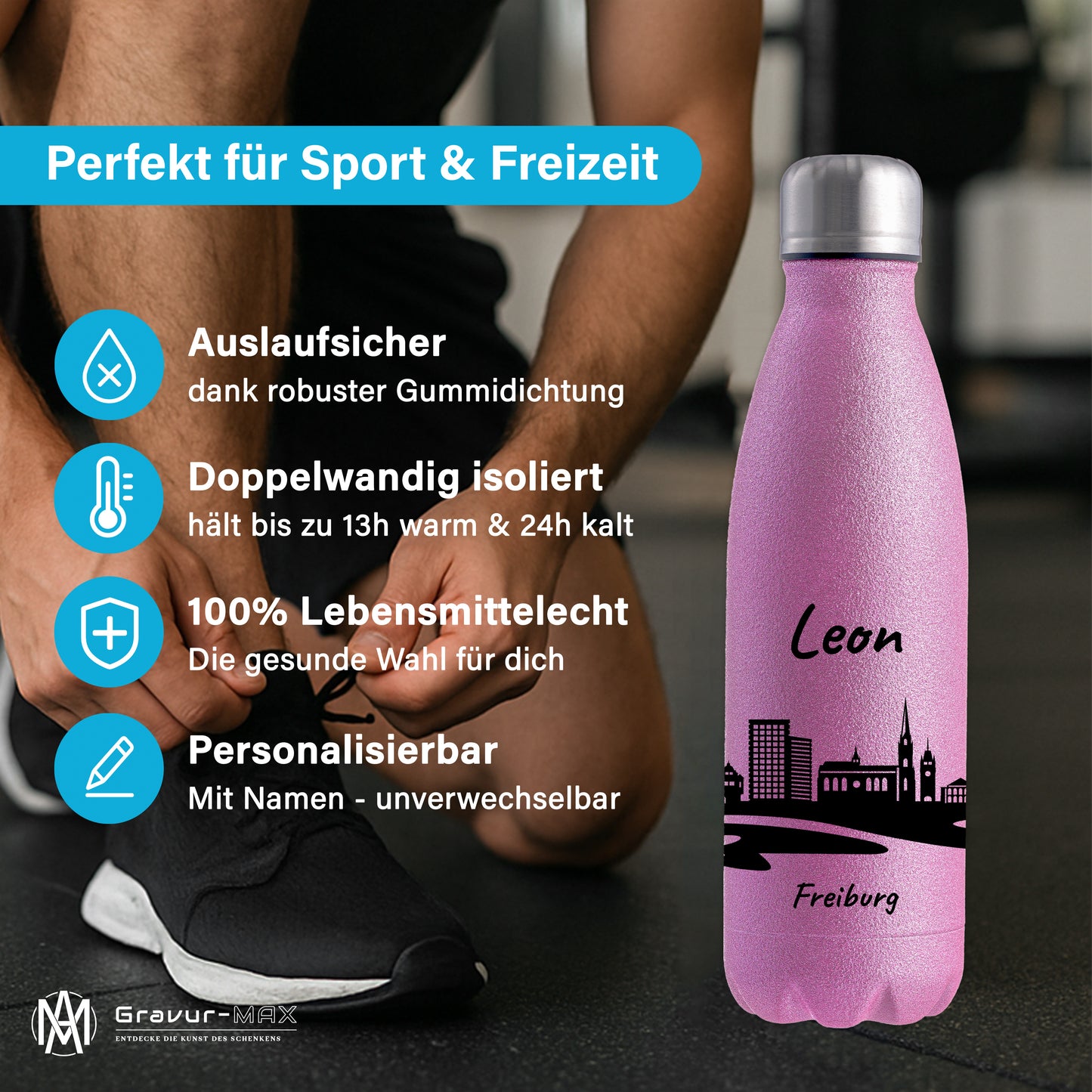 Glitzer Trinkflasche in Rosa 500ml aus Edelstahl bedruckt mit der Skyline von Freiburg personalisierbar mit Wunschname
