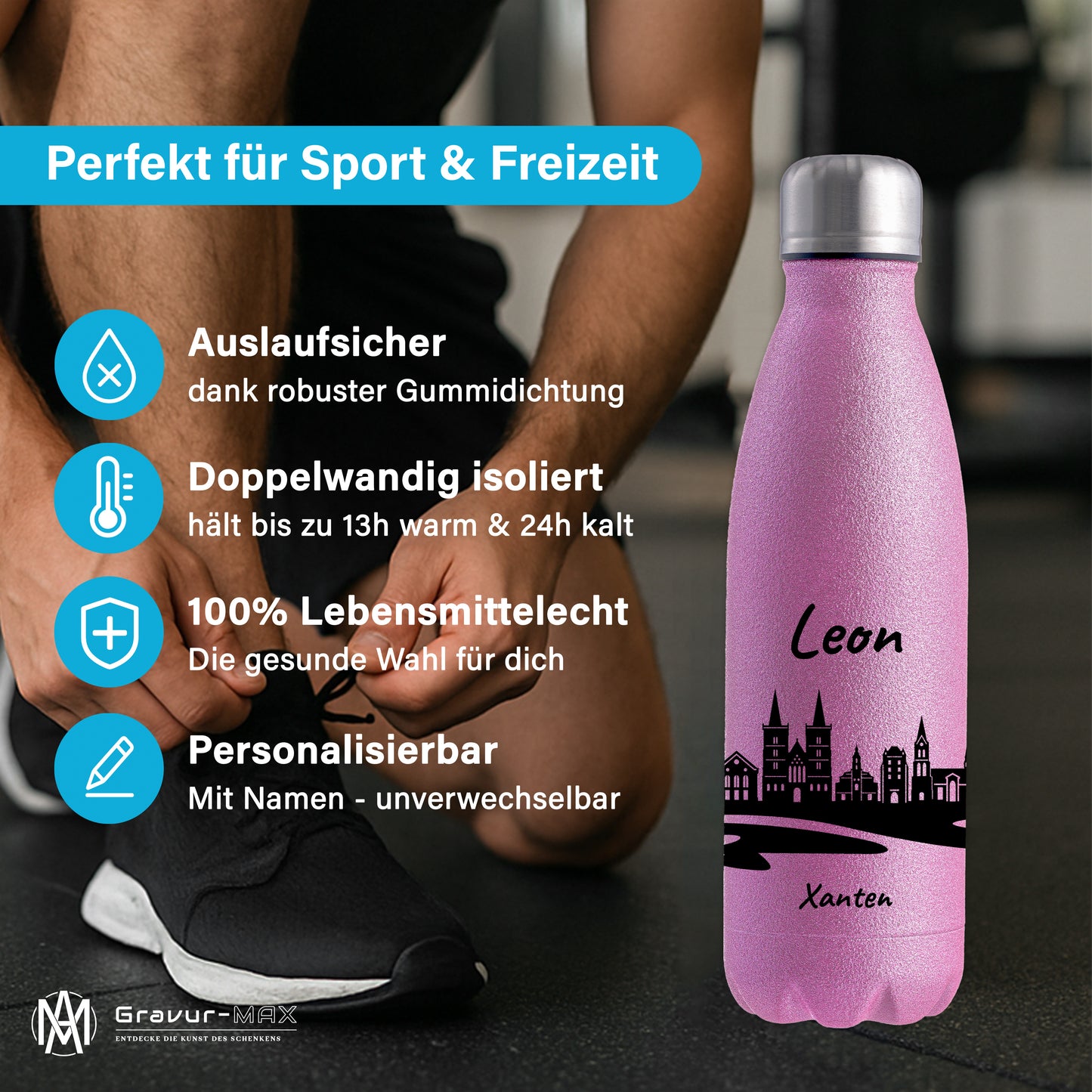 Glitzer Trinkflasche in Rosa 500ml aus Edelstahl bedruckt mit der Skyline von Xanten personalisierbar mit Wunschname