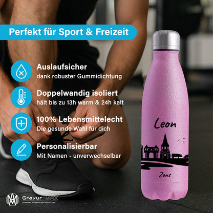 Glitzer Trinkflasche in Rosa 500ml aus Edelstahl bedruckt mit der Skyline von Zons (Dormagen) personalisierbar mit Wunschname