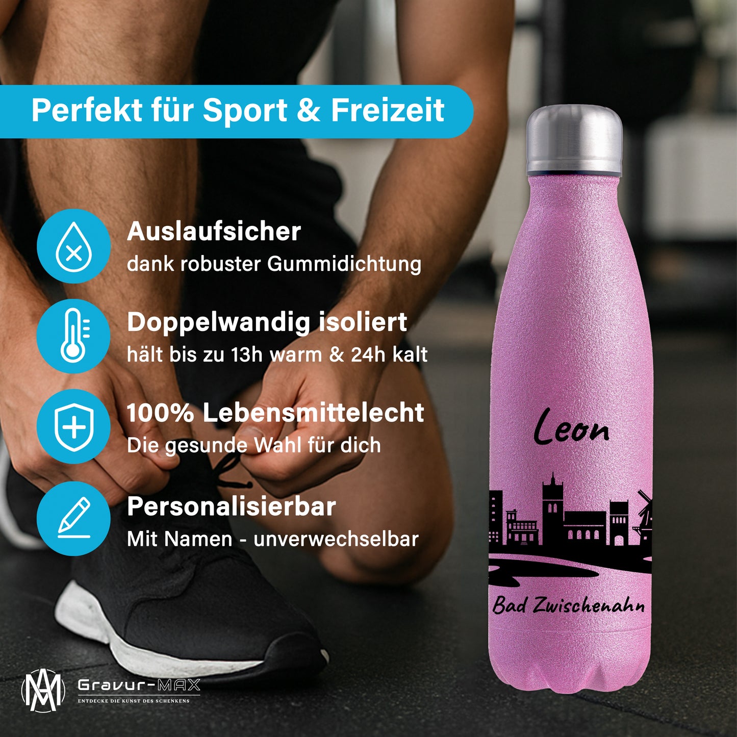 Glitzer Trinkflasche in Rosa 500ml aus Edelstahl bedruckt mit der Skyline von Bad Zwischenahn personalisierbar mit Wunschname