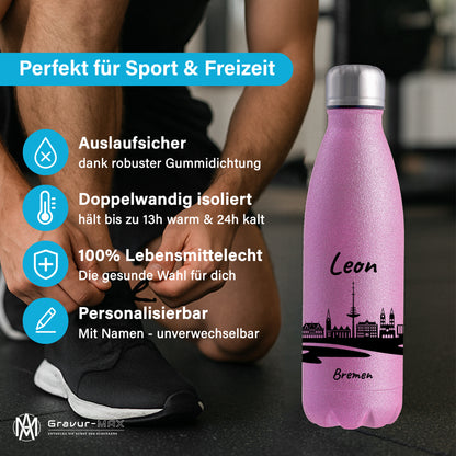 Glitzer Trinkflasche in Rosa 500ml aus Edelstahl bedruckt mit der Skyline von Bremen personalisierbar mit Wunschname