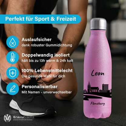 Glitzer Trinkflasche in Rosa 500ml aus Edelstahl bedruckt mit der Skyline von Flensburg personalisierbar mit Wunschname