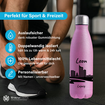 Glitzer Trinkflasche in Rosa 500ml aus Edelstahl bedruckt mit der Skyline von Leipzig personalisierbar mit Wunschname