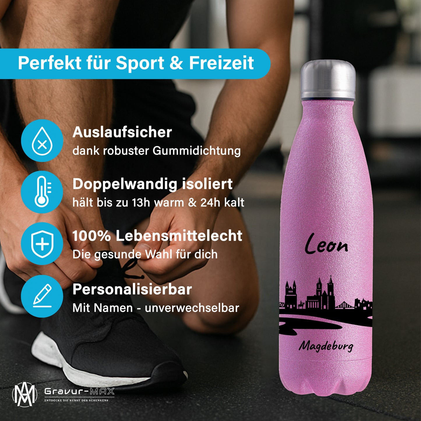Glitzer Trinkflasche in Rosa 500ml aus Edelstahl bedruckt mit der Skyline von Magdeburg personalisierbar mit Wunschname