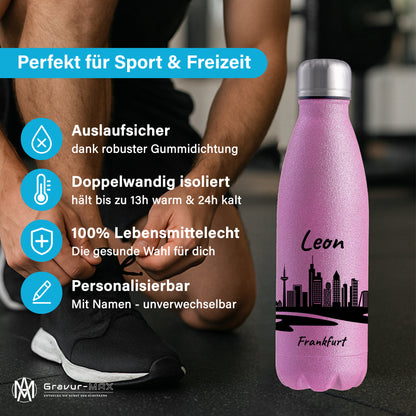 Glitzer Trinkflasche in Rosa 500ml aus Edelstahl bedruckt mit der Skyline von Frankfurt personalisierbar mit Wunschname